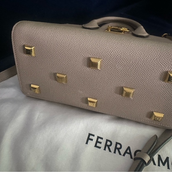 FERRAGAMO Salvatore Studio Box Mini Leather Top Handle Bag in Taupe - Picture 7 of 14